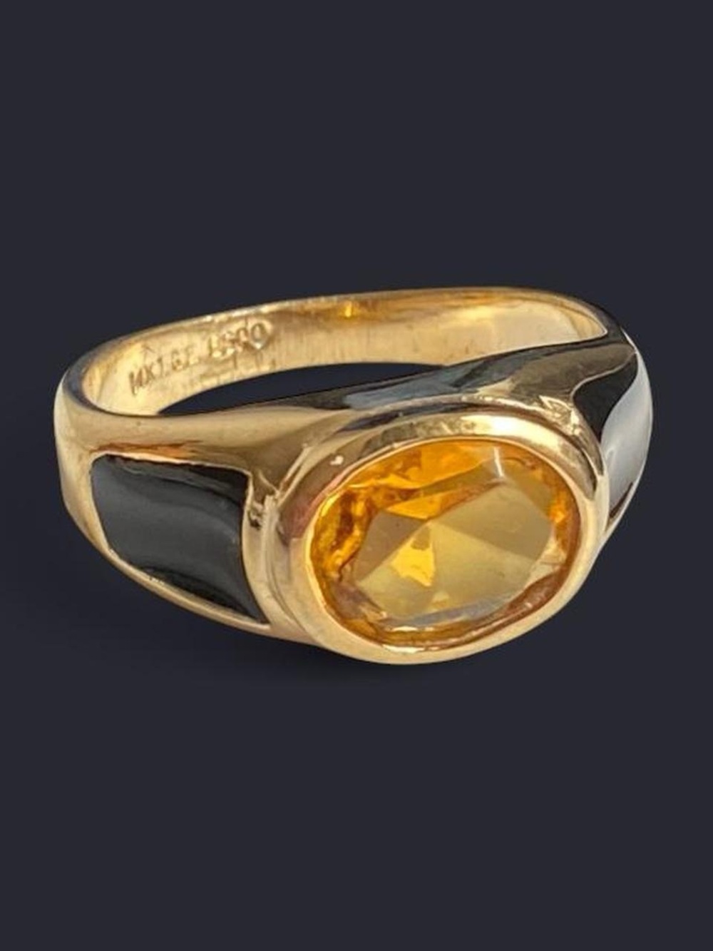 Vintage Signed 14K HGE ESRO Signet Ring Citrine Gem Black Enamel Jewelry Sz 8.5